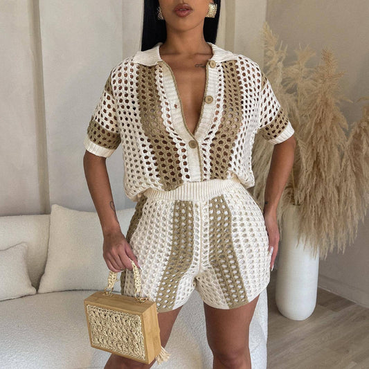 Suits: Cutout Out See Through Collared Knitted Shorts Suit