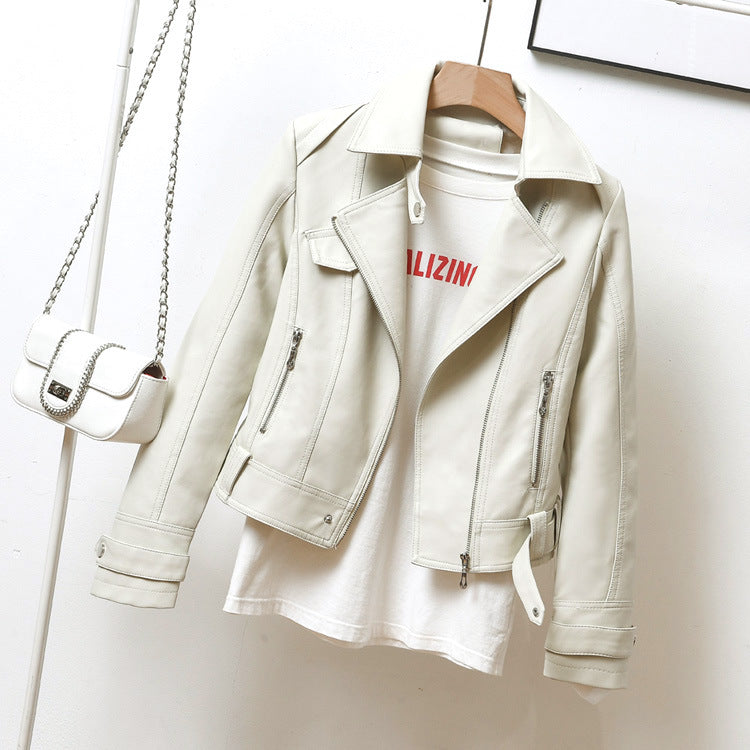 Jackets: Motorcycle Short Leather Slim Fit Slimming Top Collared Leather Jacket