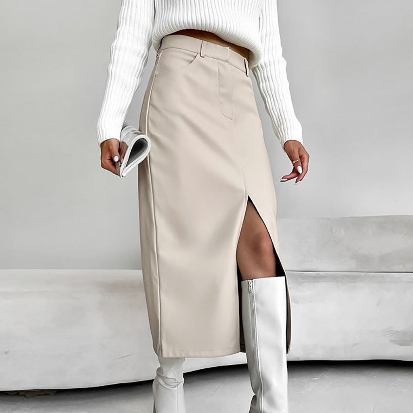 Skirts: Light Khaki Fleece Lined Leather High Waist Slit Skirt