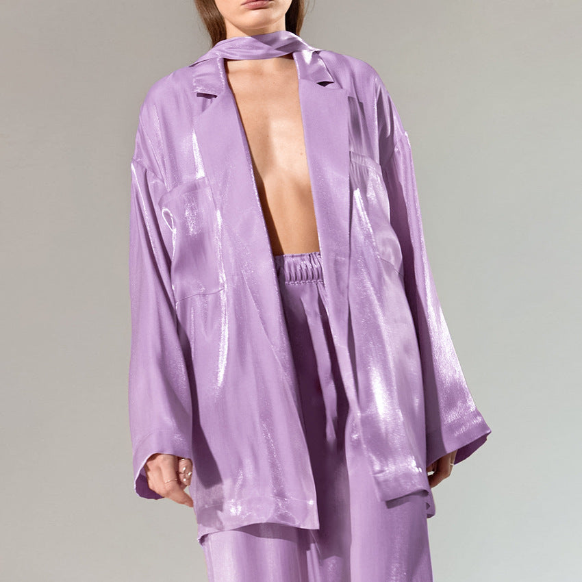 Suit: Satin Lace up Shirt Trousers Two Piece Set