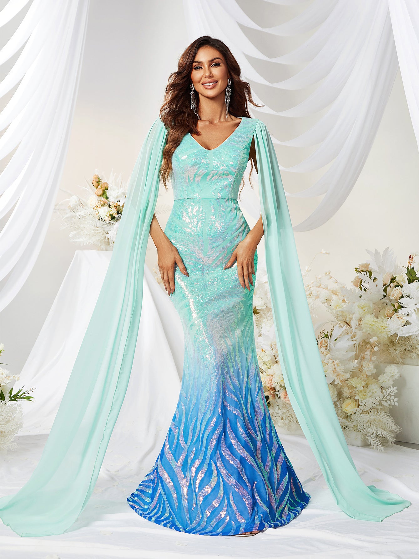 Sequined V Neck Long Sleeve Mermaid Prom Evening Dress Fishtail Dress Gradient