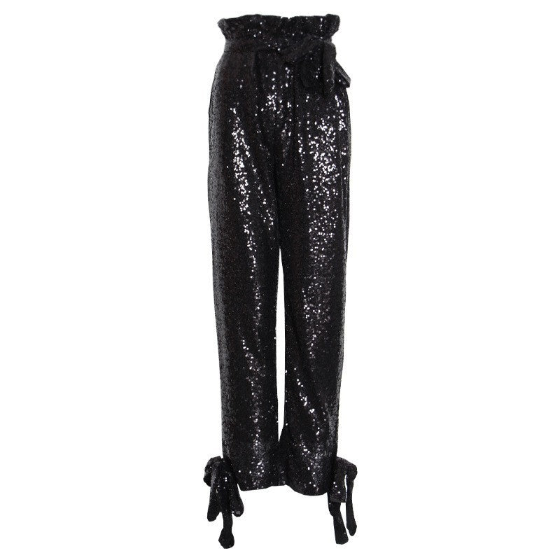 Pants: Sequined Women Ankle Banded Pants Spring High Waist Lace up Casual Trousers Women