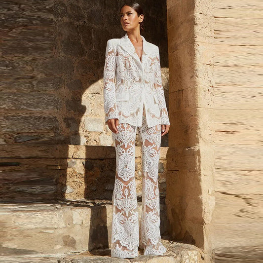 2 Piece Set: Mesh Heavy Embroidery Sequined Blazer Suit