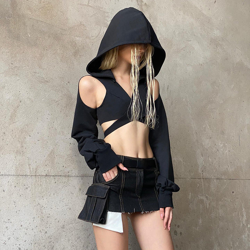 Tops: Hollow Out Cutout Cross Strap Hooded Cropped Top