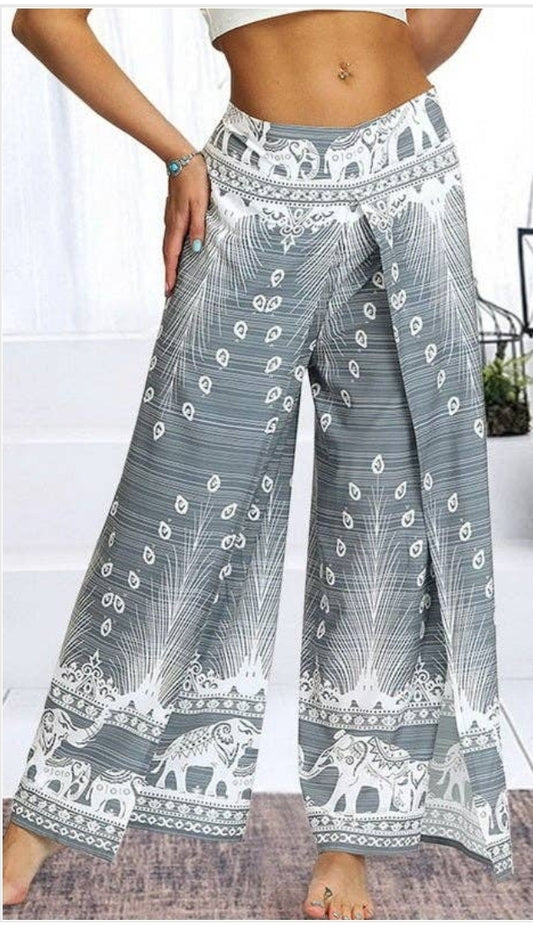 Pants: Boho Floral Print Wide Leg Pant