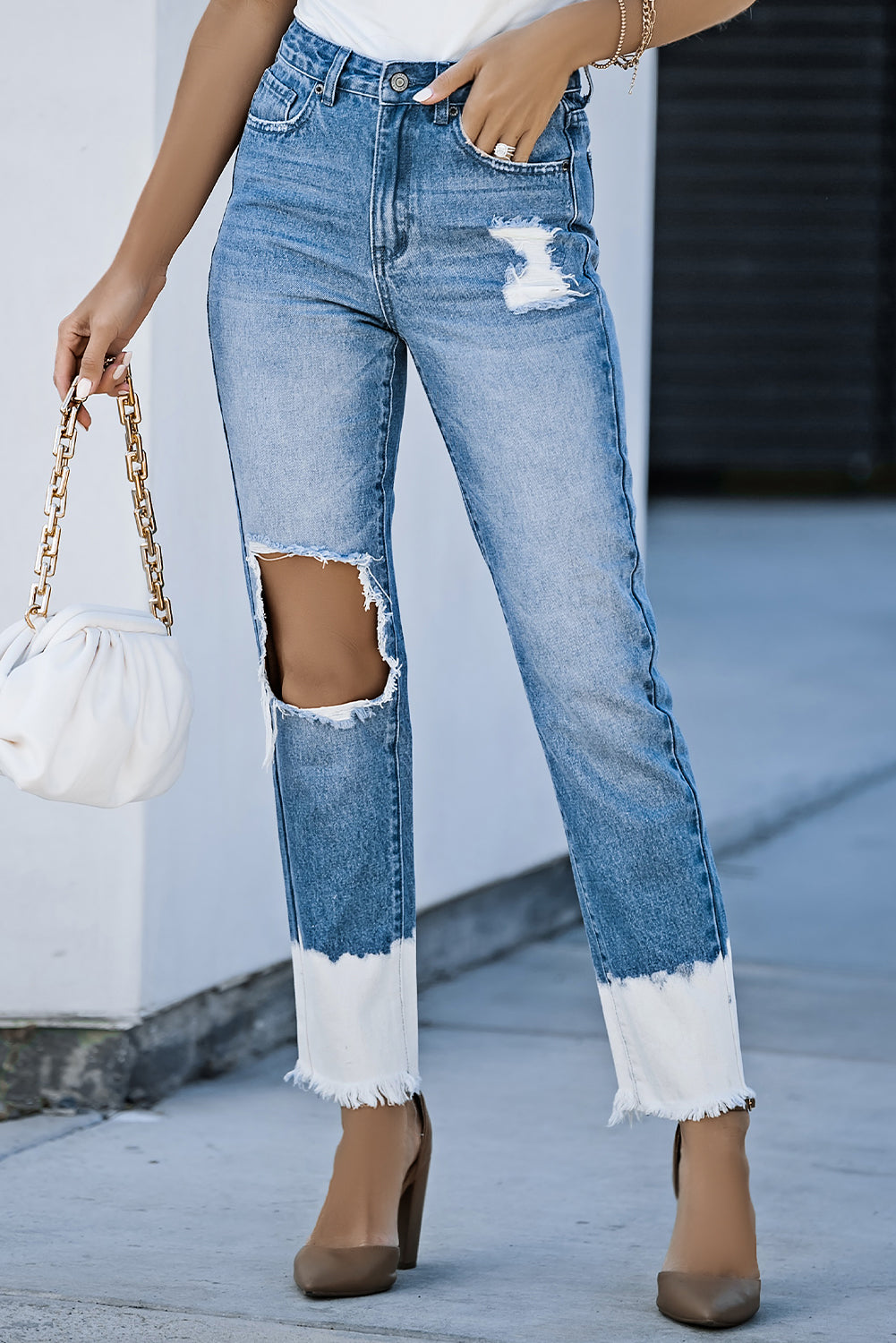 Jeans. Contrast Distressed High Waist Jeans