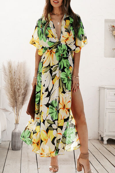 Dress: Plunge Split Printed Short Sleeve Dress