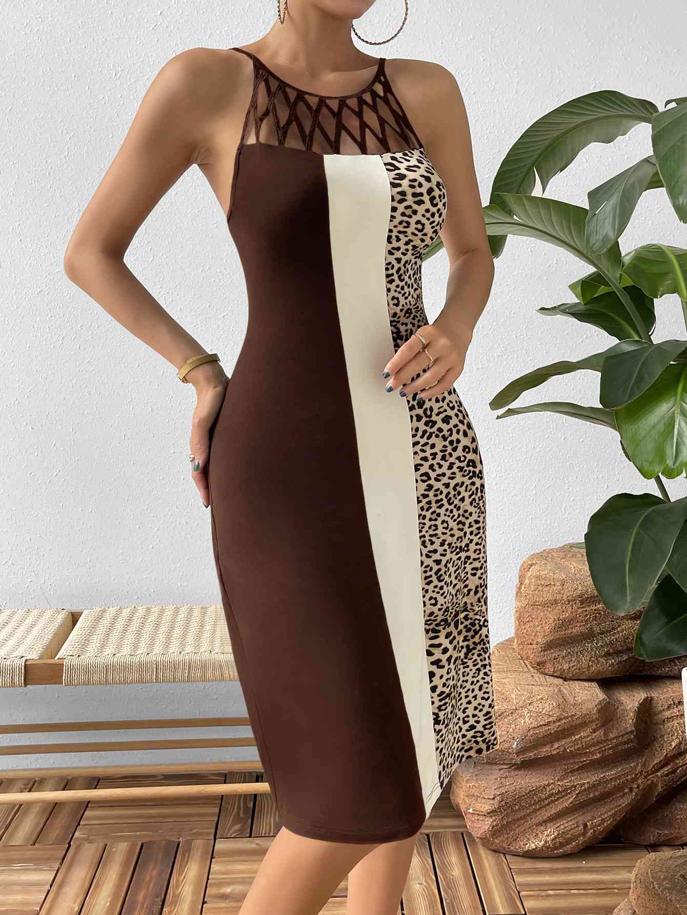 Dress: Leopard Color Block Cutout Sleeveless Knee-Length Dress
