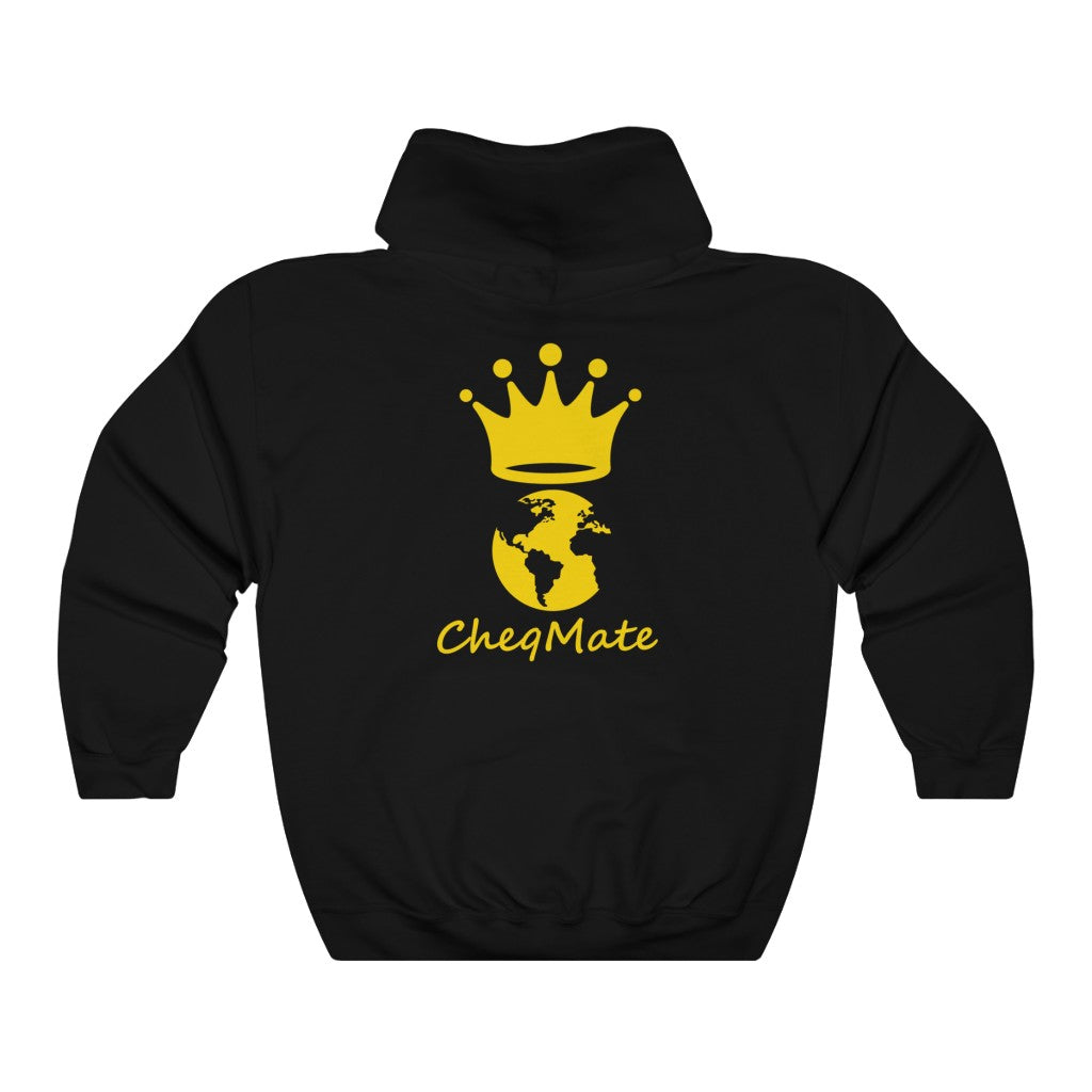 CheqMate: Custom Logo on back IT'S CHESS NOT CHECKERS. Unisex Heavy Blend- Black and Yellow Hoodie.