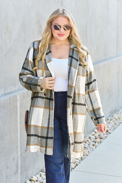 Coats: Double Take Full Size Plaid Button Up Lapel Collar Coat