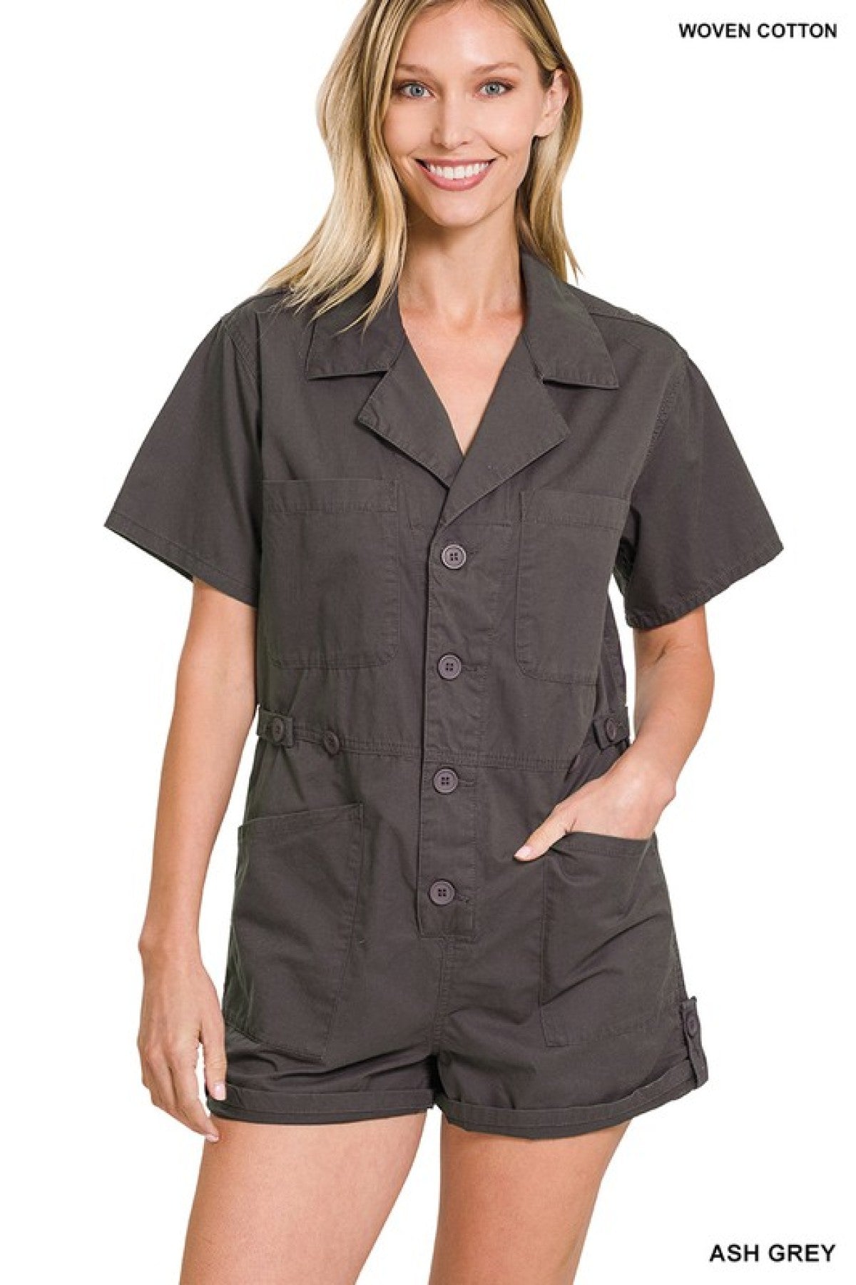 Romper: Zenana Woven Cotton Button Front Shirt Romper
